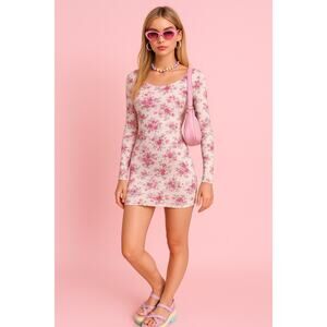 Ronny Kobo Bodycon Long Sleeve Dress Floral XS Modal Shoulder Pads Y2K